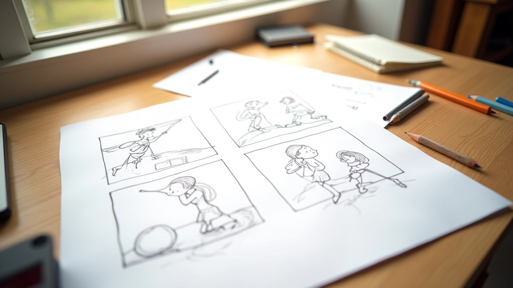 Sequência de frames impressos em papel mostrando progressão de movimento de personagem, organizados em linha