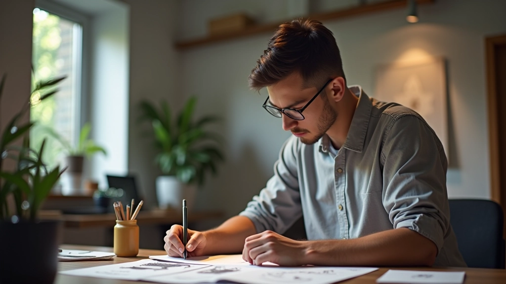 Animator em estúdio trabalhando em storyboard com desenhos de cenas mostrando progressão de movimento e arco emocional
