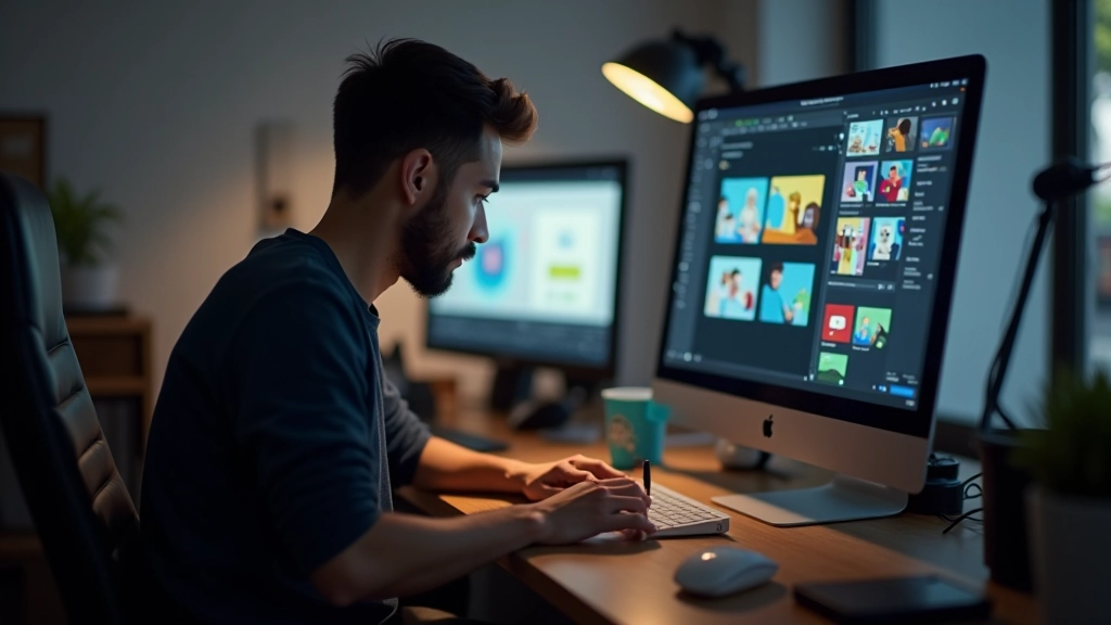 Animator sentado na mesa com tablet mostrando frames de animação, estúdio moderno com iluminação de trabalho
