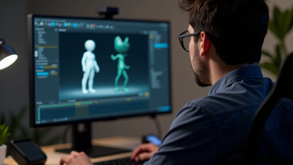 Tela de computador mostrando software de animação 3D com personagem em construção