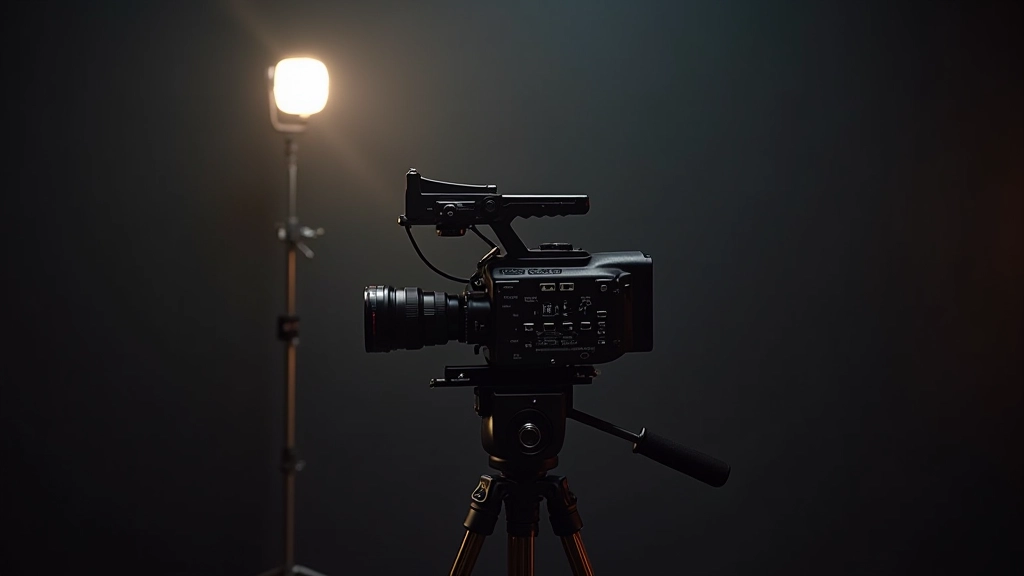 Câmera de cinema profissional em estúdio de produção, lentes variadas expostas, configuração de filmagem com iluminação de três pontos