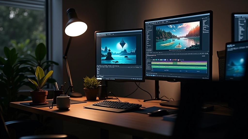 Espaço de trabalho de designer gráfico com monitor grande exibindo interface de edição de animação, ferramentas de design visíveis