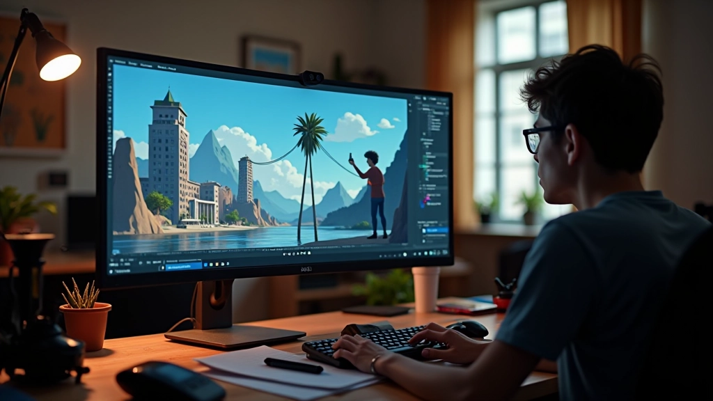 Monitor exibindo cenas de animação em progresso, estúdio de motion design com múltiplas telas
