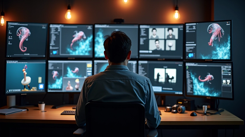 Estúdio de produção com monitores mostrando análise de movimento e composição visual