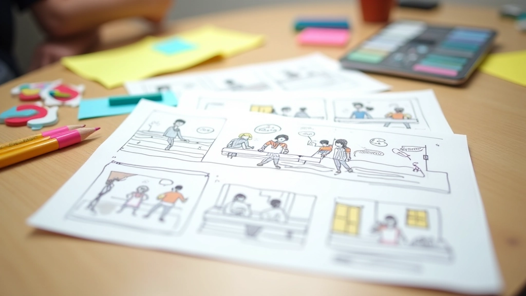 Storyboard cinematográfico espalhado sobre mesa de trabalho com sketches, notas coloridas e linha do tempo de cenas