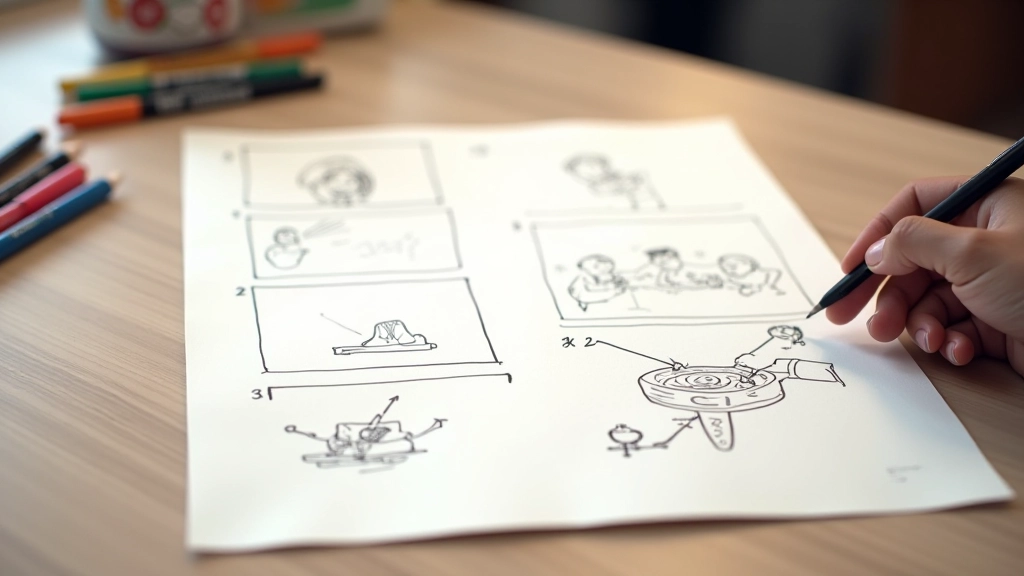 Storyboard tradicional em papel com esboços de cenas e anotações de timing